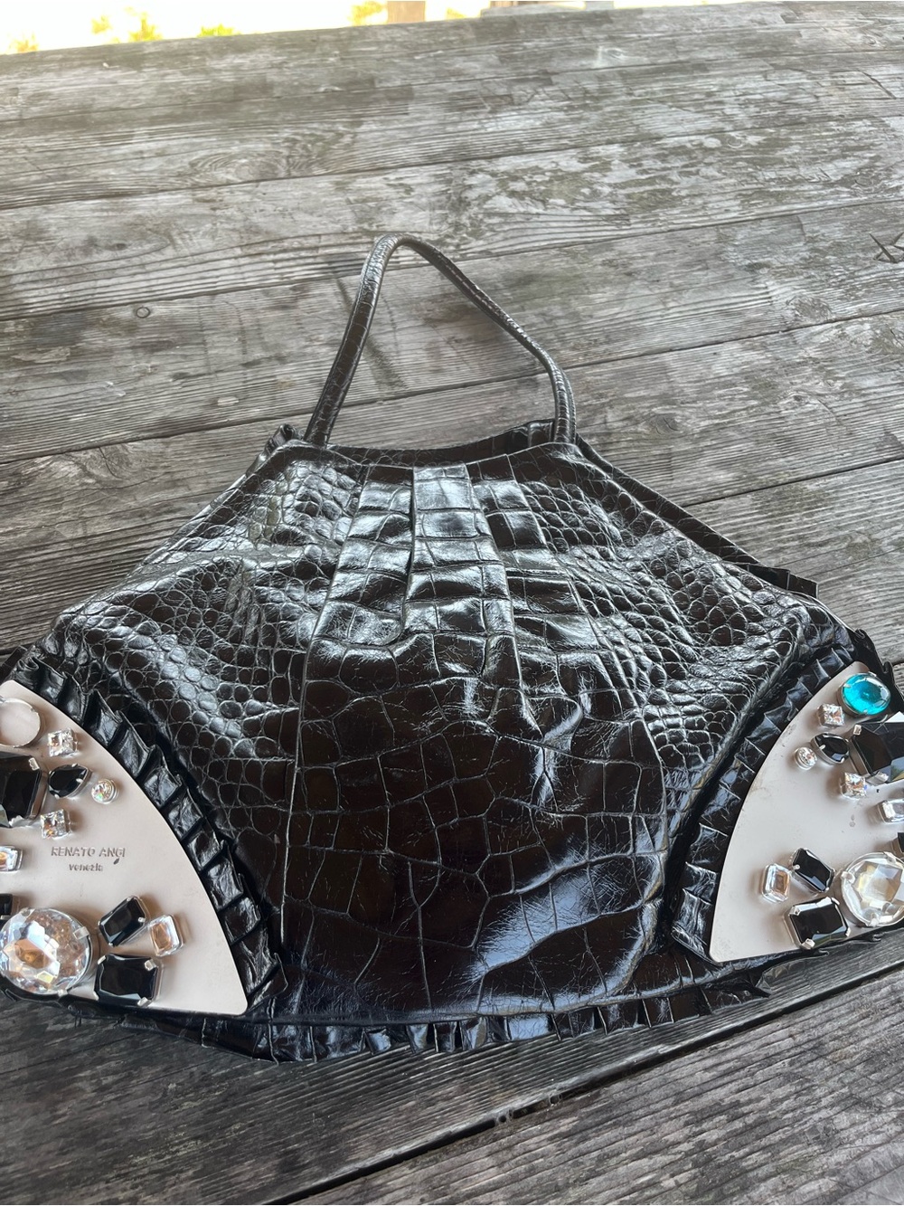 RENATO ANGI   Black Croc-Embossed Tote with Crystal Embellishments,